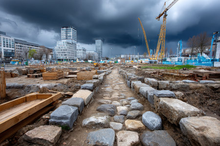 An ancient cobblestone road revealed during an archaeological dig in a cityの素材