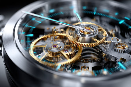 Closeup of the intricate mechanical parts inside a modern watchの素材