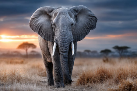 An elephant stands majestically in a savanna at sunsetの素材