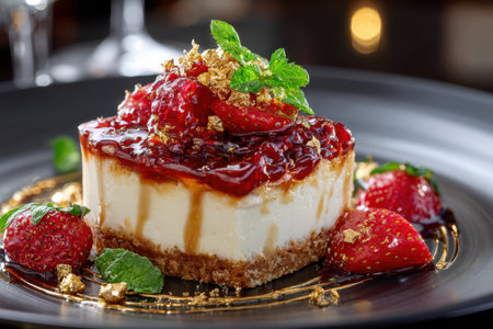 A slice of cheesecake topped with fruit and gold leaf on a plateの素材