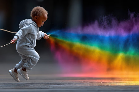 A child dressed in gray jumps joyfully, creating a vibrant rainbow of colored powder in an urban setting.の素材