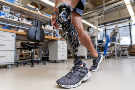 A person with a prosthetic leg walks confidently in a high-tech lab dedicated to advanced biomechanics.の素材