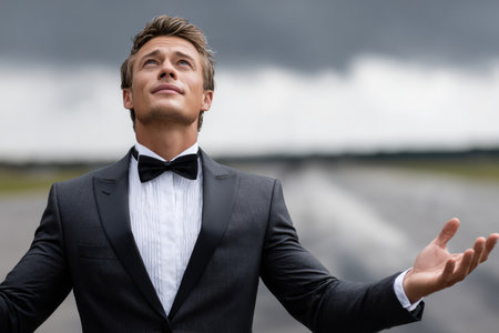 A man in a tuxedo stands on an empty runway, arms open towards the stormy sky, radiating confidence.の素材