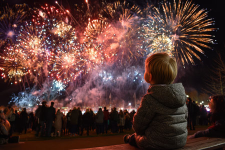 A young child watches with wonder as vibrant fireworks light up the night sky during a festival gathering.の素材