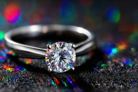 A close-up of a diamond ring on a black velvet surface, under dramatic, spotlights, shot with a macro lens, the diamond is reflecting a rainbow of colorsの素材