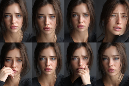 Series of portraits showing a young woman's various emotional expressions against a neutral background.の素材