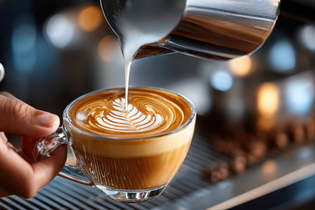 A barista pours frothed milk into a glass cup of coffee, creating latte artの素材