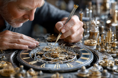An artisan focuses intently while repairing a vintage clock with detailed gears and delicate components.の素材