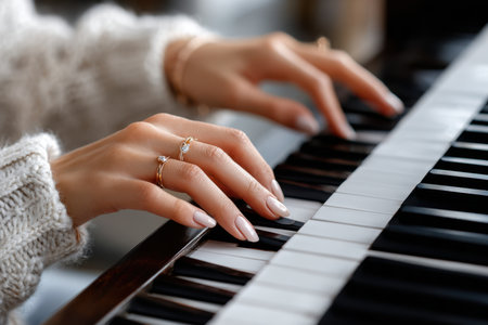 Delicate hands skillfully pressing piano keys while wearing beautiful rings in a warm environment.の素材