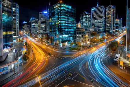 Light trails illuminate a busy city intersection at nightの素材