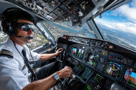 A pilot navigates an aircraft while viewing stunning clouds and terrain from the cockpit.の素材