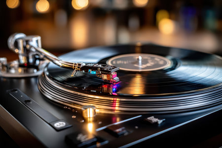 A close-up of a vinyl record on a record player, under warm, soft light, shot with a macro lens, the record is spinning in reverseの素材