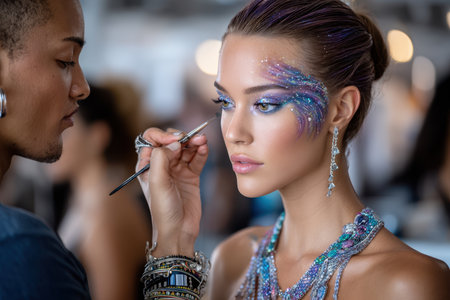 A skilled makeup artist enhances a model's beauty with colorful body art and striking makeup in a lively studio.の素材