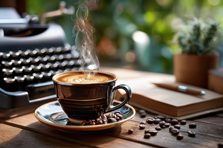 A steaming cup of coffee next to a typewriter, shot in a cozy study with natural light and a macro lens, conveying the romance of writingの素材