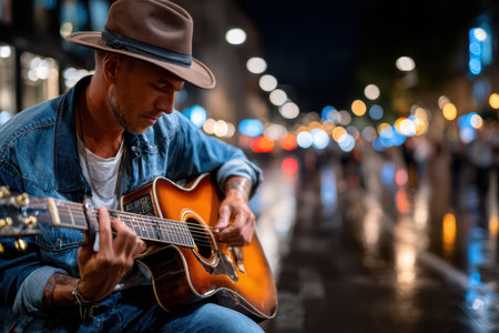A musician plays an acoustic guitar on a city street at nightの素材