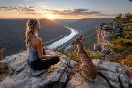 A tranquil, sunrise shot of a yoga practitioner in a mountain setting, with a serene, peaceful mood, using a wide-angle lens to capture the vast landscape, with a narrative twist of a deer joining the practice, ultrarealistic photo --ar 3:2 --raw --profile nk3i4wf --stylize 250 --v 7 Job ID: a696838c-b4e3-49ea-b197-4fe229aec11aの素材