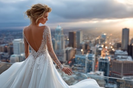 Bride in a stunning gown poses against a breathtaking city vista during sunset, showcasing elegance and beauty.の素材