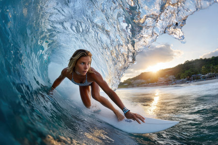 A surfer rides a wave inside the barrel at sunset near a tropical beachの写真素材