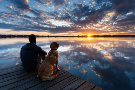 A person sits on a dock near a lake, enjoying a vibrant sunset with their dog beside them.の素材