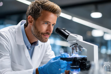 Male scientist focuses intently on a specimen slide using a microscope in a bright laboratory.の素材