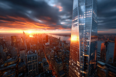 A glass skyscraper at sunset overlooks a sprawling cityscapeの素材