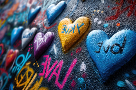 Closeup view of colorful painted hearts on a graffiti wallの素材