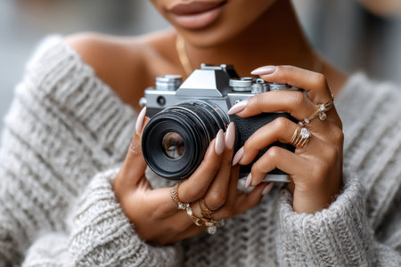 Focused on taking pictures, a woman holds a classic camera while wearing stylish jewelry and a knit sweater.の写真素材