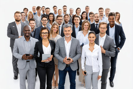 A diverse group of professionals stands together, showcasing camaraderie and teamwork in a bright setting.の素材