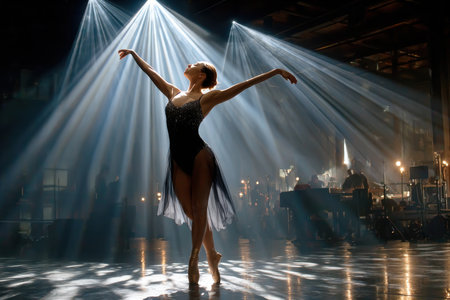 Ballerina in a dark leotard and pointe shoes on a stageの写真素材