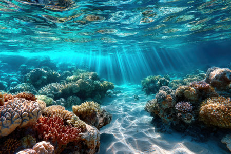 Sunbeams illuminate a vibrant coral reef in clear blue ocean waterの素材
