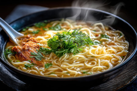 Closeup of a steaming bowl of chicken noodle soup with fresh herbsの素材