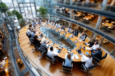 Business people having a meeting around an oval table in a modern officeの写真素材