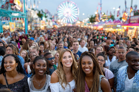 A diverse crowd enjoys a summertime festival or fair with a Ferris wheelの写真素材