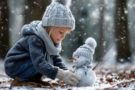 A young child in winter clothing carefully decorates a small snowman, enjoying a snowy day in the woods.の素材