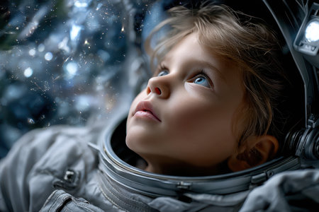 Young child gazes upwards in an astronaut suit, captivated by the wonders of space and discovery.の素材