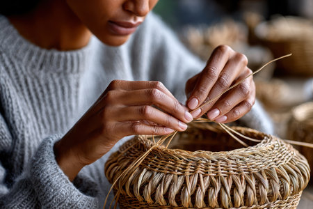 A person skillfully weaves a basket using natural materials in a calm workspace filled with light.の素材