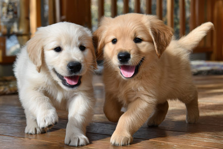 Two golden retriever puppies run playfully across a wooden floorの素材