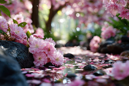 Pink cherry blossoms and petals float on a clear streamの素材