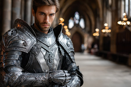 A young knight wearing intricate silver armor poses in a grand castle corridor, showing strength and pride.の素材