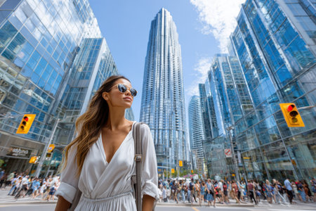 A woman with sunglasses strolls through a busy city street surrounded by modern skyscrapers and pedestrians.の素材