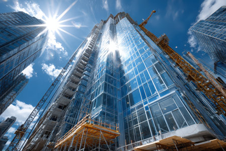 Low angle view of a modern skyscraper under constructionの素材