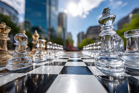 Glassy chess pieces are set up on a large board in a bustling city, highlighting an engaging outdoor activity.の素材
