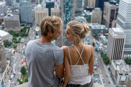 A couple sits close together, gazing at the sprawling city below from a height, enjoying a sunny day.の素材