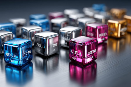 Colorful translucent cubes rest on a brushed metal surfaceの素材