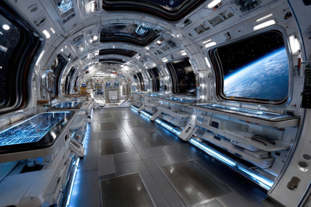 A spacious spacecraft interior features advanced technology and a stunning view of Earth through large windows.の素材