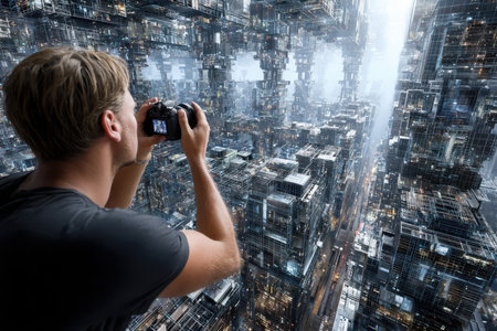 A person captures stunning architecture in a digitally created city filled with intricate structures.の素材