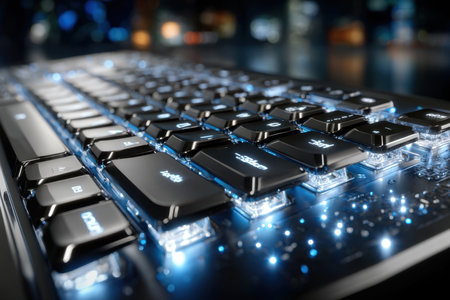 Closeup view of a modern black keyboard with glowing blue lightsの素材