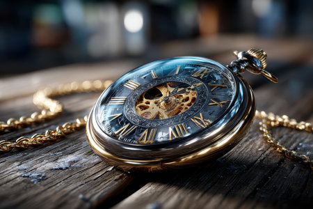 An antique gold pocket watch with chain rests on a weathered wooden surfaceの素材