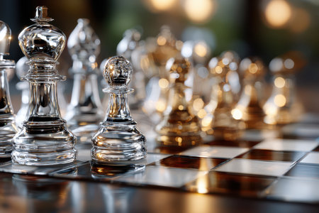 Glass chess pieces standing on a checkered boardの素材