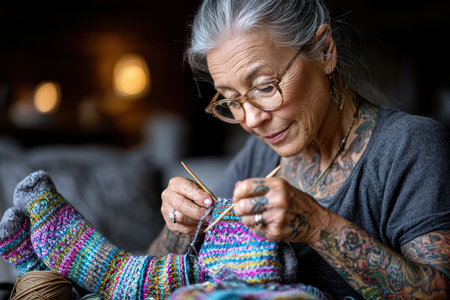 An older woman with tattoos knits vibrant socks using colorful yarn in a warm, inviting space.の素材